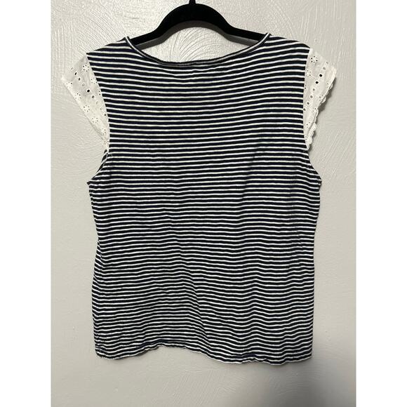 J by J Crew Navy Blue White Tee Striped Capped Sleeve Lace Eyelet Detail Top L - Picture 8 of 10